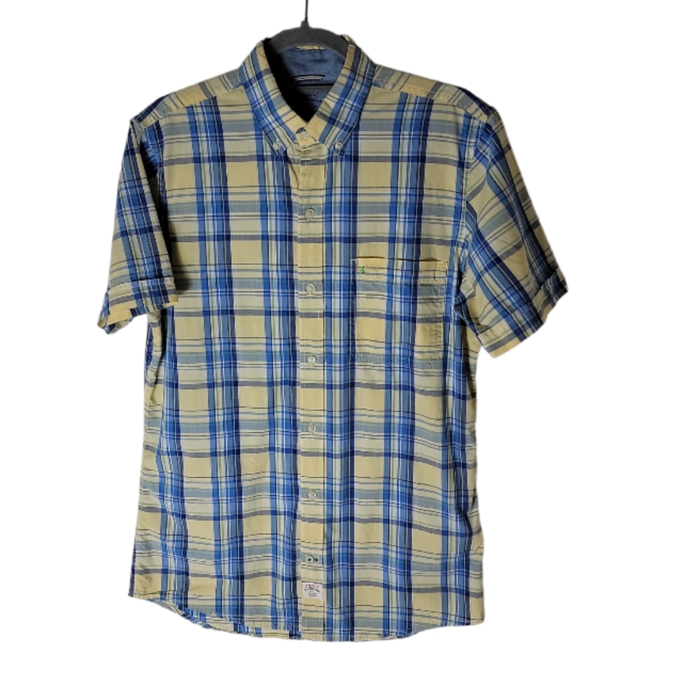 Izod blue yellow white saltwater plaid shirt men's small short sleeve button Ump